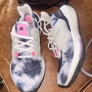 Adidas Black and White Tie-Dye Sneakers with Pink Highlights